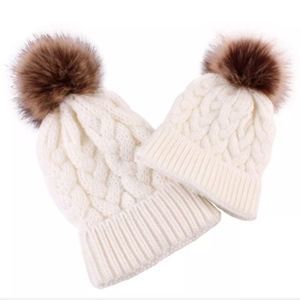 Ivory Cable Knit Beanie with Pom Pom Adult & Child Winter Hat Set
